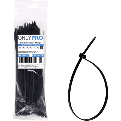 Хомут нейлоновый OnlyPro, 3.6х300 мм, черный, 100 шт