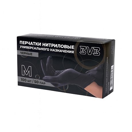 Перчатки нитриловые неопудренные одноразовые  BVB, р-р M, 100 шт./уп., черный