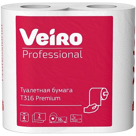 Бумага туалетная Veiro Professional Premium, в стандартных рулонах, 4 рулона, 50 м, 2 слоя (T316)