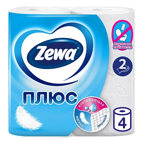 Бумага туалетная Zewa Плюс, 4 рулона, 2 слоя, белый