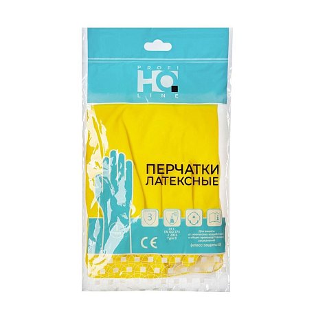 Перчатки латексные HQ Profiline, р-р L, с х/б покрытием, желтый