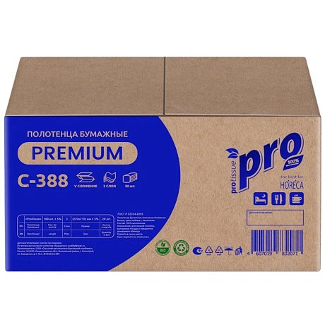 Полотенца бумажные PROtissue, V - сложение, 180 листов, 3 слоя, 100% целлюлоза (C388)