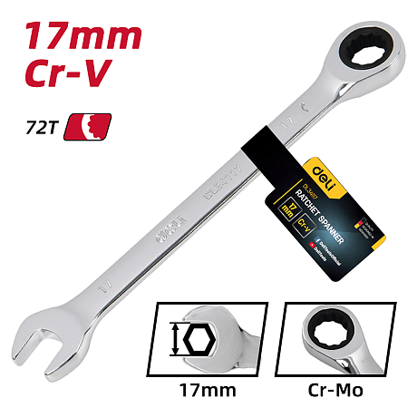 Ключ комбинированный Deli YS EDL34117, 17 мм, с трещоткой, 72 зуба