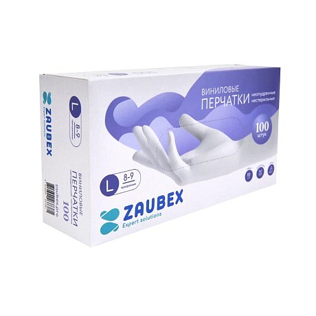 Перчатки виниловые  Zaubex, одноразовые, р-р L, 100 шт/уп, прозрачный