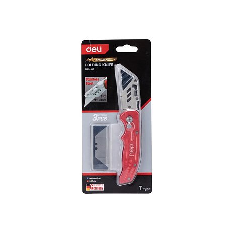 Нож строительный складной Deli RS EDL040, трапеция, 19T, красный
