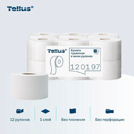 Бумага туалетная Tellus Стандарт ТP2, в мини рулоне, 200 м, 1 слой (120197)