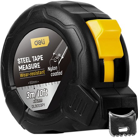 Рулетка Deli YS EDL9003PY, 3 м х 16 мм, нейлоновое покрытие, черный
