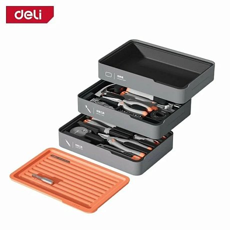 Набор ручного инструмента Deli HS H1001-ADE, 15 предметов, бокс, Soft Touch, оранжевый