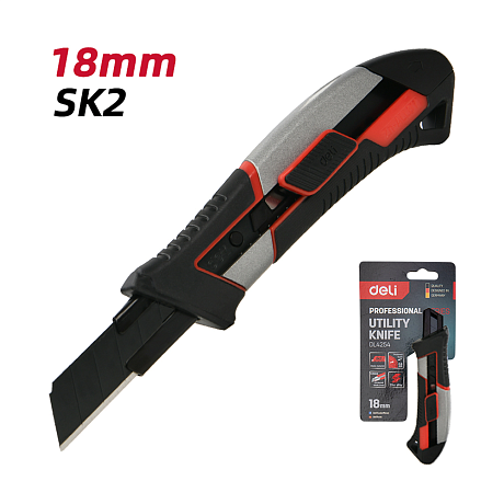 Нож строительный Deli YS DL4254, 18 мм, прорезиненная рукоятка, серебристый, черный