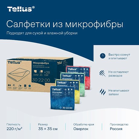 Салфетка из микроволокна Tellus, 220 гр/м2, 35х35см, 5шт/упак, синий
