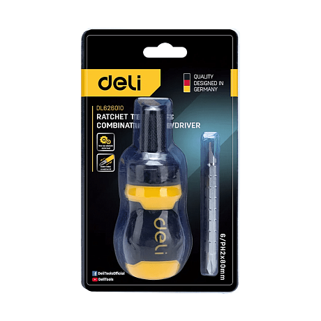 Двухсторонняя отвертка Deli YS EDL626010, с трещоткой, PH2+SL6