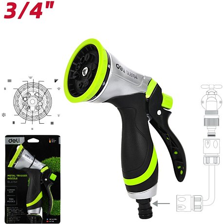 Пистолет-распылитель Deli GS EDL8764, 10 функций, быстросъем, фиксатор курка, корпус аллюм., черный, зеленый