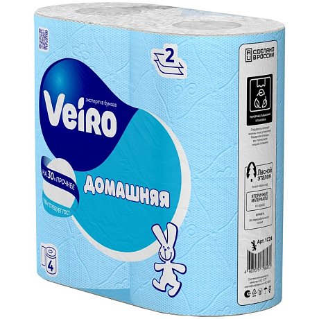 Бумага туалетная Veiro Домашняя, 4 рулона, 2 слоя, белый