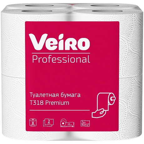 Бумага туалетная Veiro Professional Premium, в стандартных рулонах, 8 рул, 15 м, 2 слоя (T318)