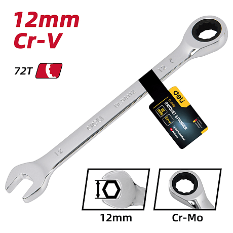 Ключ комбинированный Deli YS EDL34112, 12 мм, с трещоткой, 72 зуба
