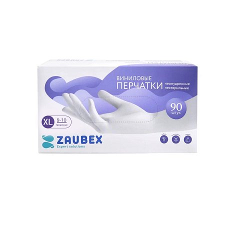 Перчатки виниловые  Zaubex, одноразовые, р-р XL, 90 шт/упак, прозрачный