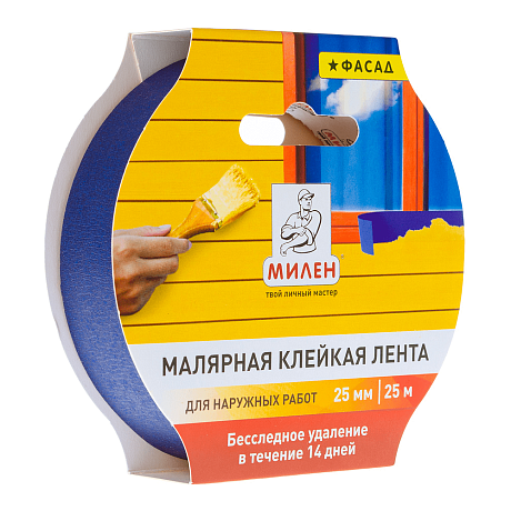 Лента малярная бумажная фасадная,  25ммx25м, МИЛЕН (MFD025K) 130 мкн, в и/у