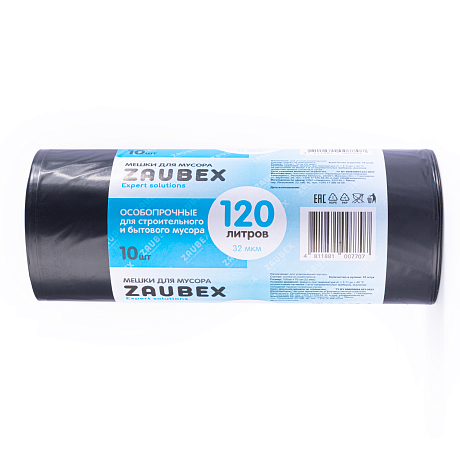 Мешки для мусора Zaubex, 32 мкм, 120 л, 10 шт/рулон, черный