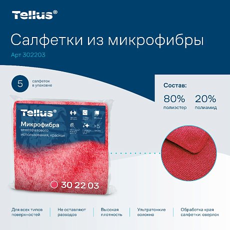 Салфетка из микроволокна Tellus, 220 гр/м2, 35х35см, 5шт/упак, красный