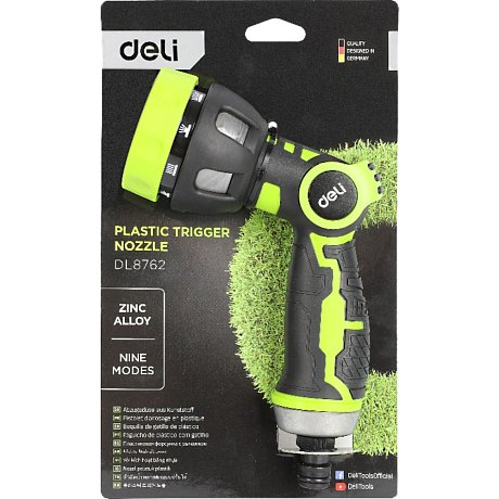 Пистолет-распылитель Deli GS EDL8762, 9 функций, быстросъем, фиксатор курка, черный, зеленый