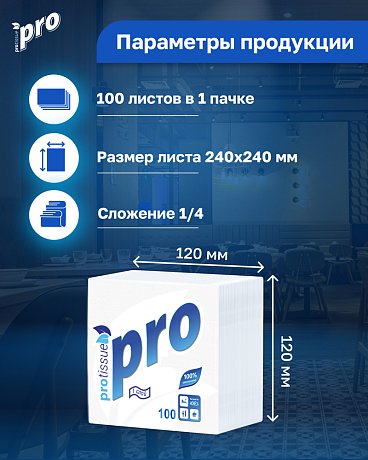 Салфетки бумажные PROtissue 24х24см, 1 слой, цв.белый, 100 листов (C184)