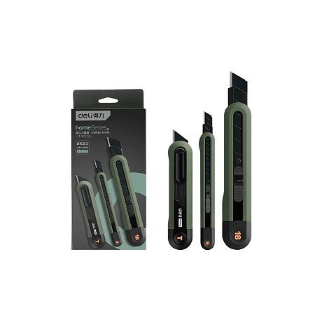 Набор ножей строительных Deli HS EHT4003, 3 шт (ножи 9мм/18мм/трапеция), Soft Touch, зеленый