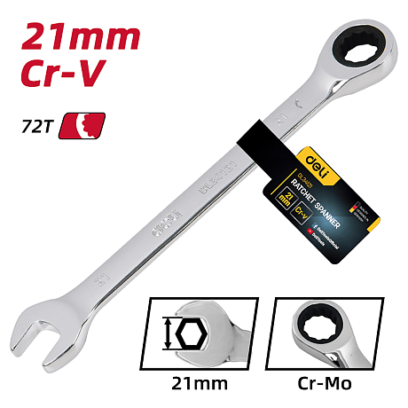 Ключ комбинированный Deli YS EDL34121, 21 мм, с трещоткой, 72 зуба