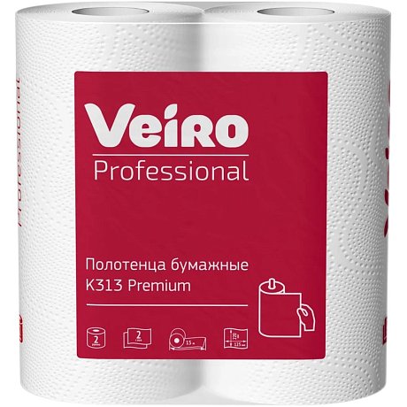 Полотенца бумажные Veiro Professional Premium, в рулонах, 2 рулона, 15 м, 2 слоя (K313)