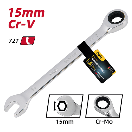 Ключ комбинированный Deli YS EDL34115, 15 мм, с трещоткой, 72 зуба