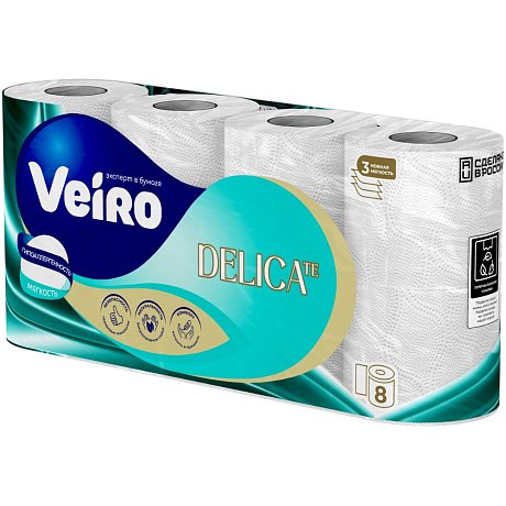 Бумага туалетная  Veiro Delicate, 8 рулонов, 3 слоя, белый (T319)