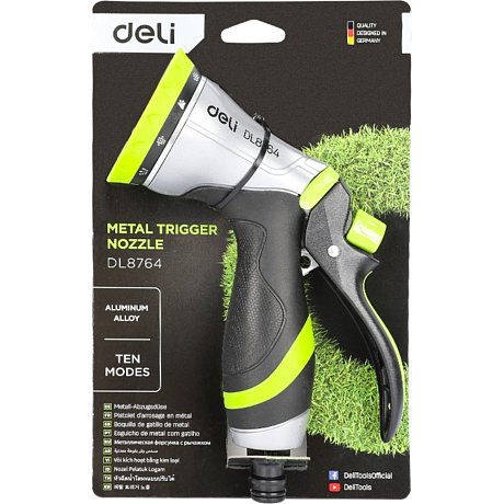 Пистолет-распылитель Deli GS EDL8764, 10 функций, быстросъем, фиксатор курка, корпус аллюм., черный, зеленый