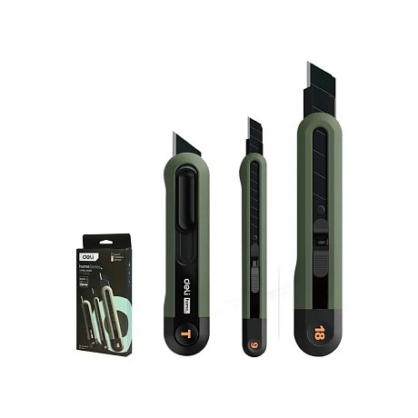 Набор ножей строительных Deli HS EHT4003, 3 шт (ножи 9мм/18мм/трапеция), Soft Touch, зеленый