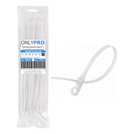 Хомут нейлоновый с монтажным отверстием OnlyPro, 3.6х200 мм, белый, 100 шт