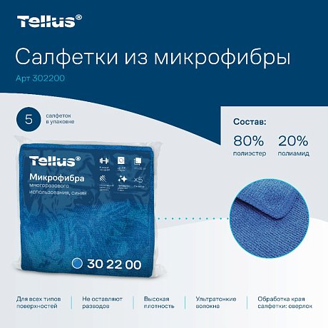 Салфетка из микроволокна Tellus, 220 гр/м2, 35х35см, 5шт/упак, синий