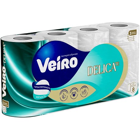 Бумага туалетная  Veiro Delicate, 8 рулонов, 3 слоя, белый (T319)