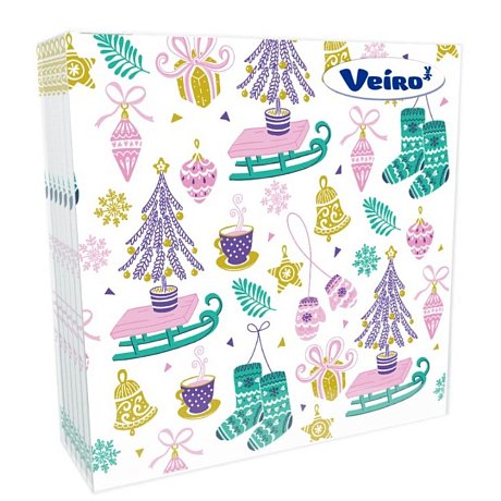 Салфетки бумажные Veiro, 33х33 см, с рисунком Елки и санки, 20 шт