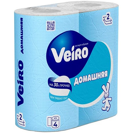 Бумага туалетная Veiro Домашняя, 4 рулона, 2 слоя, белый