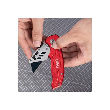 Нож строительный складной Deli RS EDL040, трапеция, 19T, красный