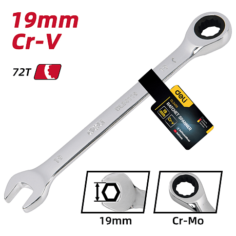 Ключ комбинированный Deli YS EDL34119, 19 мм, с трещоткой, 72 зуба