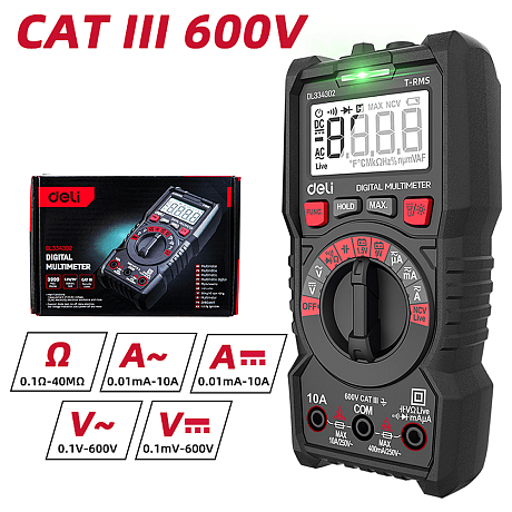 Мультиметр цифровой Deli RS EDL334302, 600В, универсальный