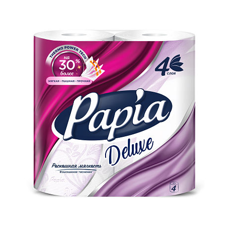 Бумага туалетная Papia Deluxe, 16,5м, 4 слоя, 4 рулона, 100% целлюлоза