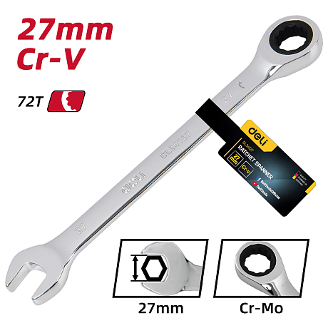Ключ комбинированный Deli YS EDL34127, 27 мм, с трещоткой, 72 зуба