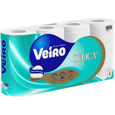 Бумага туалетная  Veiro Delicate, 8 рулонов, 3 слоя, белый (T319)