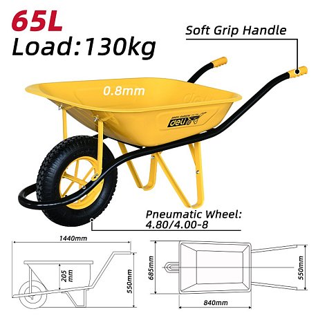 Тачка строительная Deli YS EDL436065, 65 л, 130 кг, 1 пневмоколесо, 4.80/4.00-8