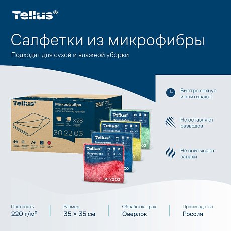 Салфетка из микроволокна Tellus, 220 гр/м2, 35х35см, 5шт/упак, красный