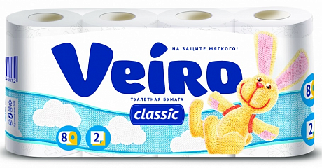 Бумага туалетная Veiro Classic, 8 рулонов, 2 слоя, белый