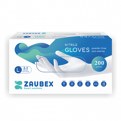 Перчатки нитриловые неопудренные "Zaubex", одноразовые, р-р L, 200 шт/упак, голубой