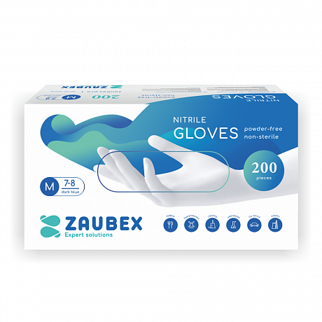 Перчатки нитриловые неопудренные "Zaubex", одноразовые, р-р M, 200 шт/упак, голубой